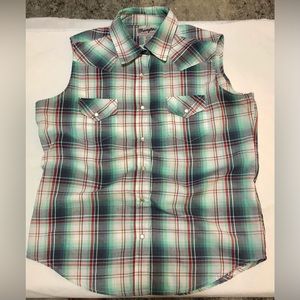 Wrangler Western Sleeveless Shirt Mint Green Plaid Pearl Snap Women’s Small